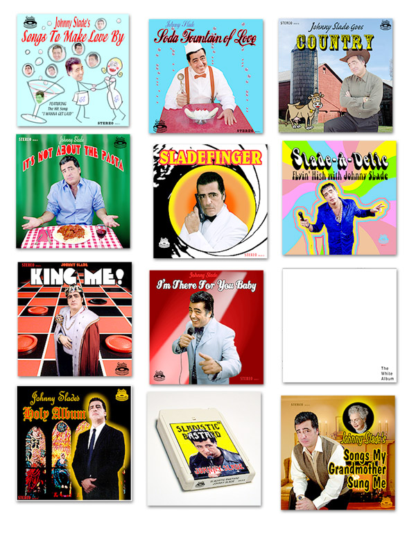 These are the 11 LP covers (and one 8-Track tape cover) I designed for the film "Meet the Mobsters" originally titled "Johnny Slade's Greatest Hits." This Mafia comedy was a departure for the director, Larry Blamire who co-wrote this with actor John Fiore. The LP album covers were used both as props as well as for the opening title sequence. Their job was to show how poor old lounge singer Johnny Slade (John Fiore) had attempted to record music for every conceivable music genre, regardless if that genre had become obsolete decades ago.